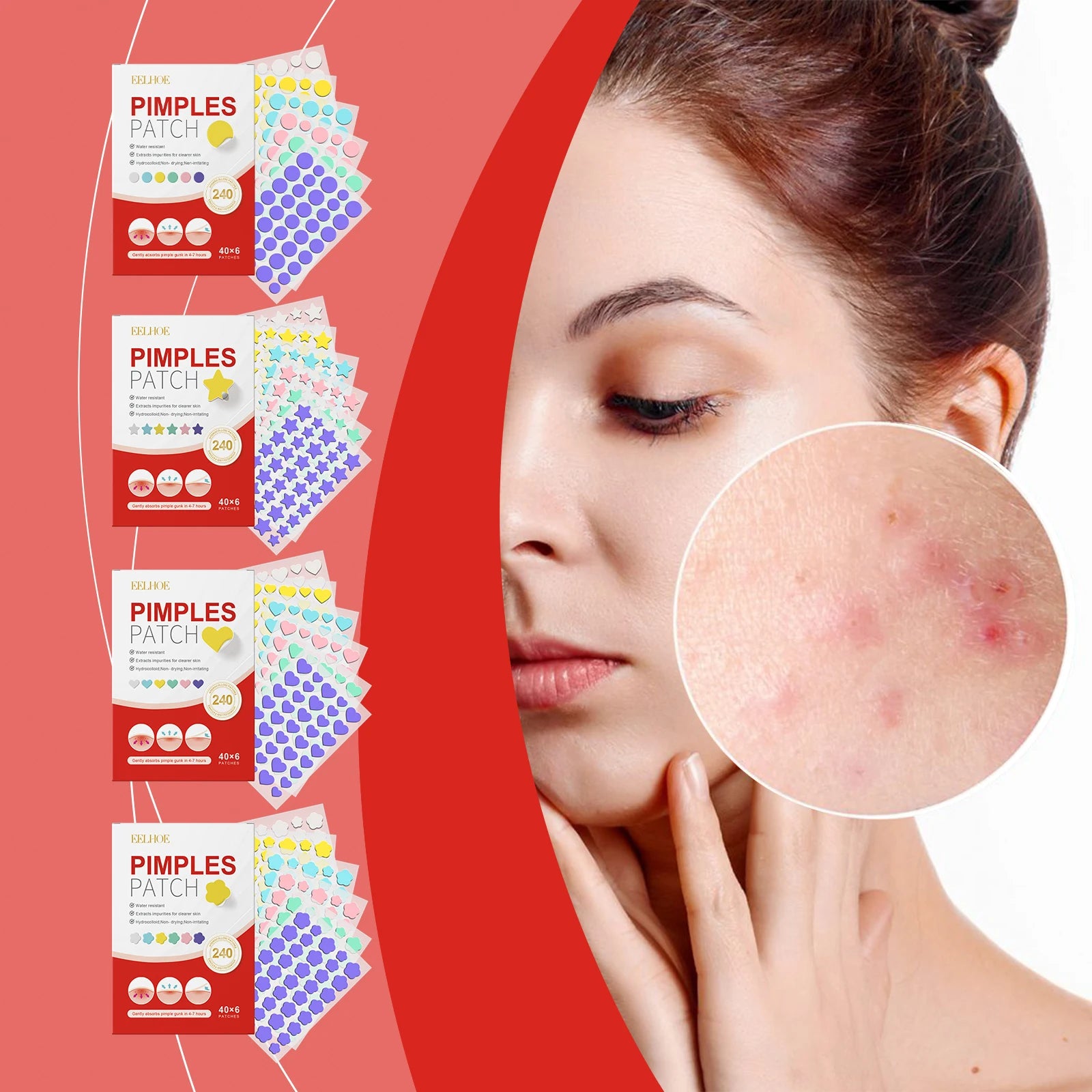 240Pcs Salicylic Acid Acne Pimple Patches Colorful Round/Heart/Flower/Star Shape Acne Removal Skin Care Stickers Covering Zits
