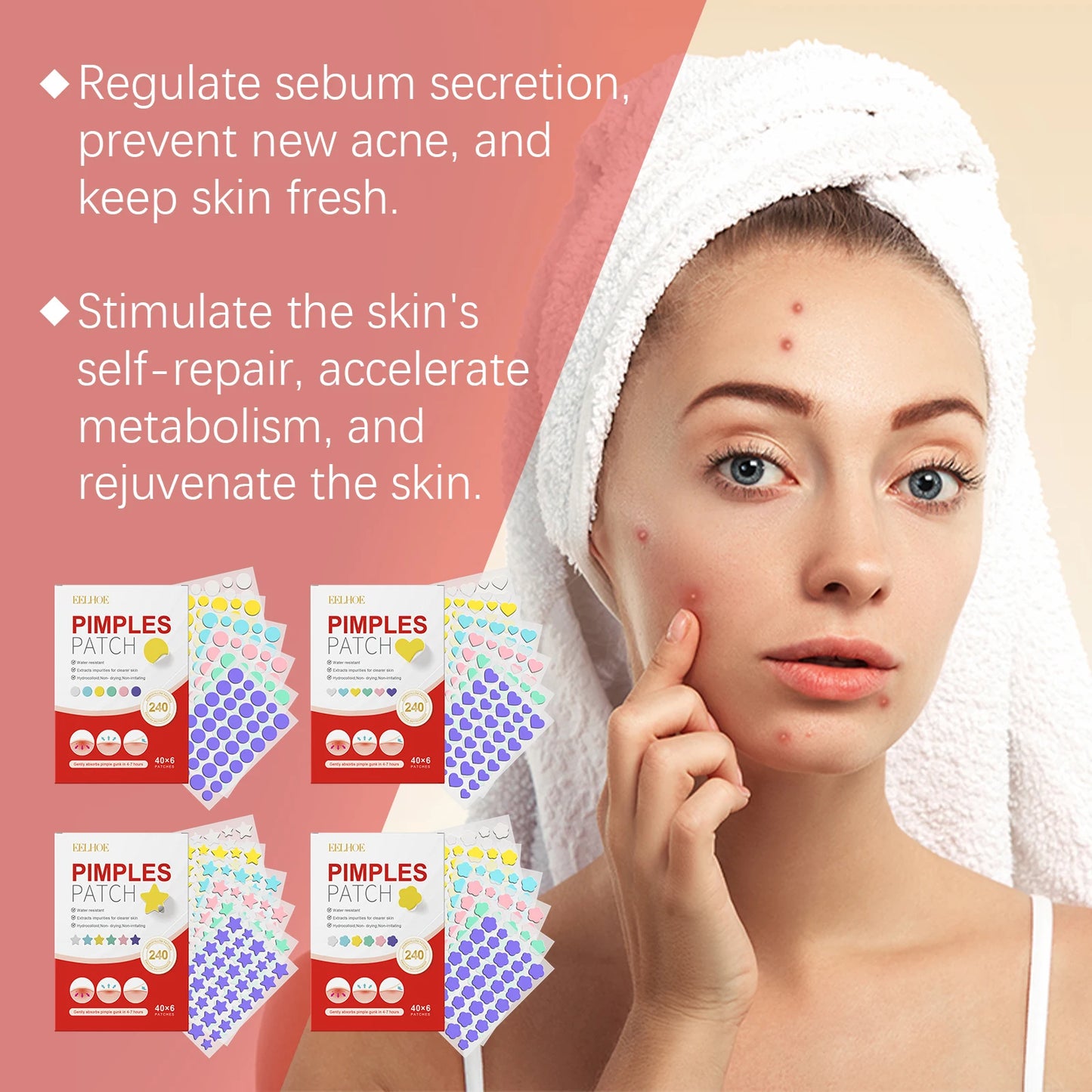 240Pcs Salicylic Acid Acne Pimple Patches Colorful Round/Heart/Flower/Star Shape Acne Removal Skin Care Stickers Covering Zits